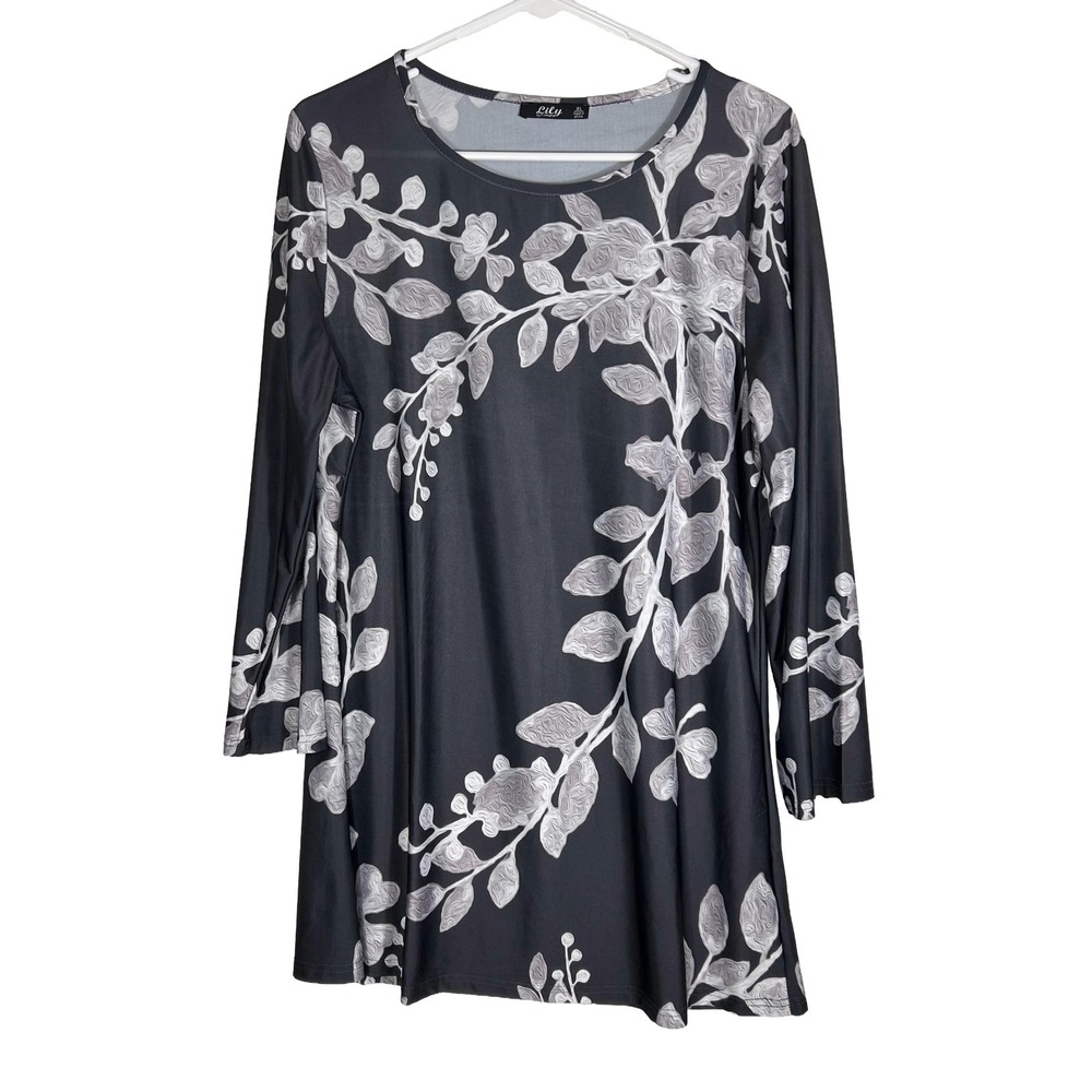 Lily by Firmiana Womens XL Black Grey‎ White Botanical Leaf Print Tunic Blouse